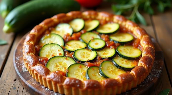 Tarte courgette fraîche sur table en été