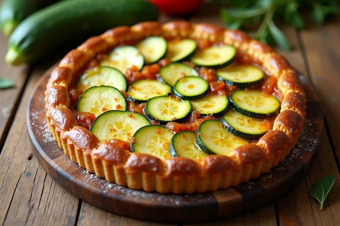 Tarte courgette fraîche sur table en été