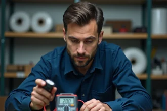 Technicien électronique utilisant un multimètre avancé pour mesurer la fréquence et la température sur un circuit imprimé en atelier