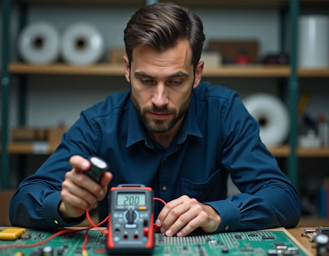 Technicien électronique utilisant un multimètre avancé pour mesurer la fréquence et la température sur un circuit imprimé en atelier