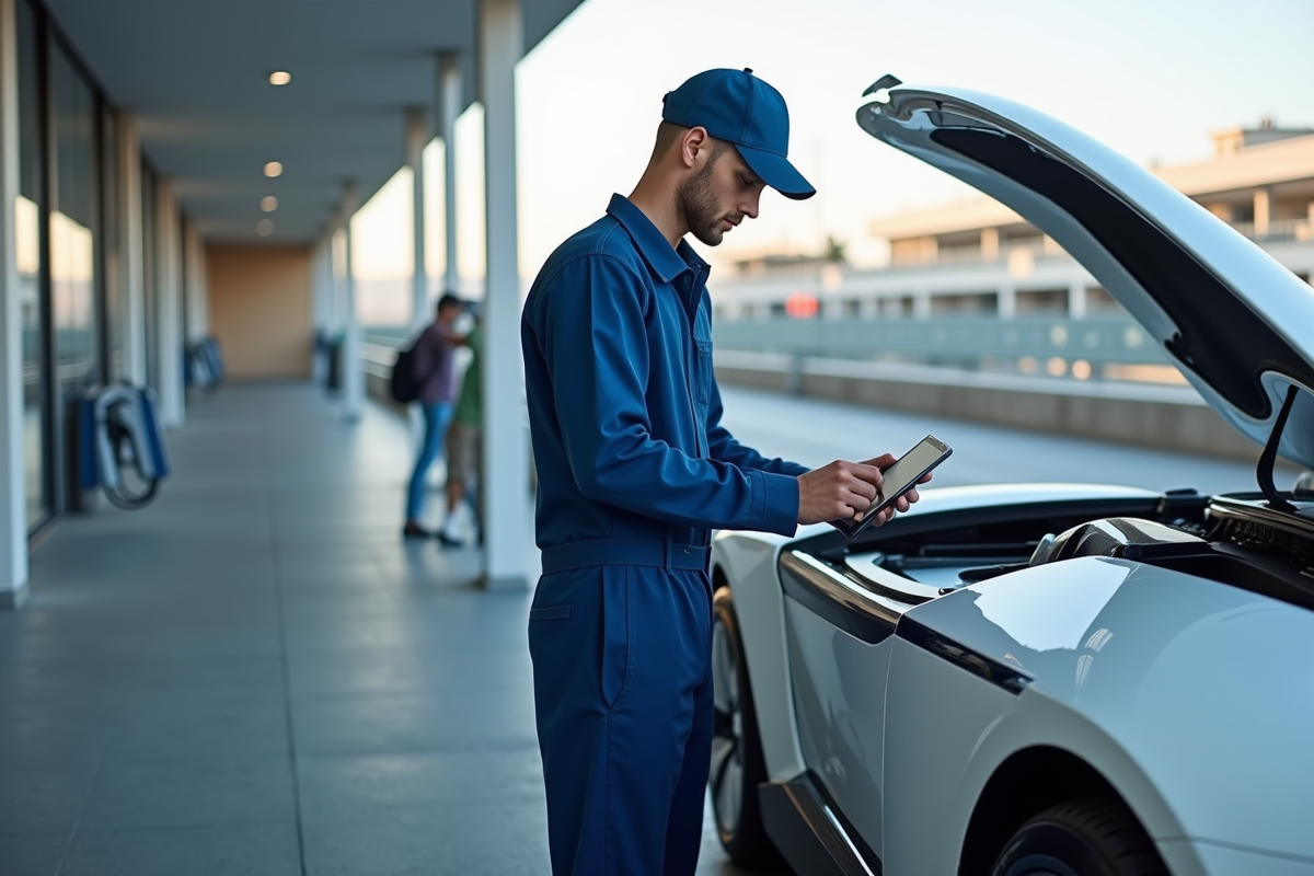 Technicien automobile examinant une voiture électrique avec tablette en extérieur