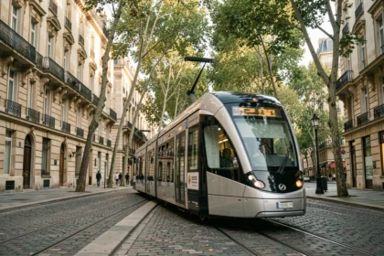 Tramway moderne de Bordeaux circulant sur un boulevard urbain bordé d'immeubles haussmanniens
