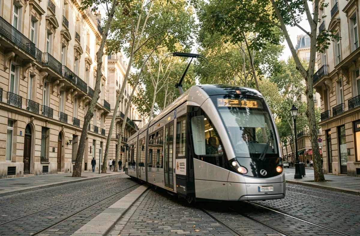 Tramway moderne de Bordeaux circulant sur un boulevard urbain bordé d'immeubles haussmanniens