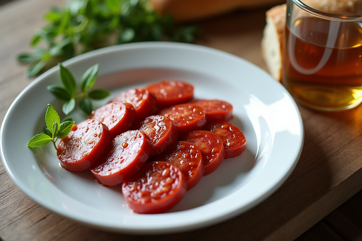 Tranches de chorizo sur une assiette blanche avec pain et eau