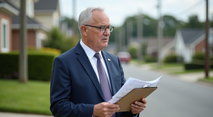 Homme en costume bleu examine une carte de zonage en extérieur