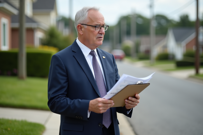 urban-planner-zoning-exterieur Homme en costume bleu examine une carte de zonage en extérieur