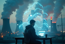 Personne utilisant un ordinateur entourée de nuages de données et fumée environnementale