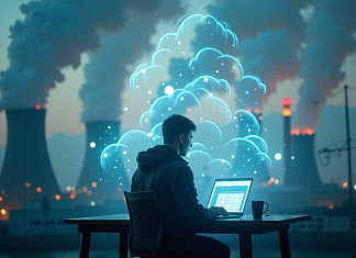 Pollution de ChatGPT : Quelles Conséquences sur l’Environnement ? Personne utilisant un ordinateur entourée de nuages de données et fumée environnementale