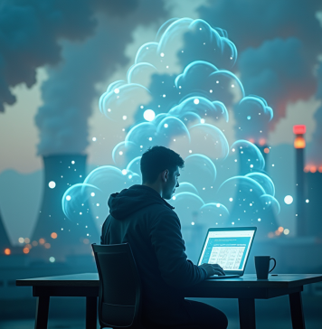 Personne utilisant un ordinateur entourée de nuages de données et fumée environnementale