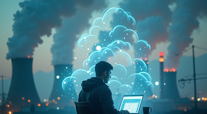 Personne utilisant un ordinateur entourée de nuages de données et fumée environnementale