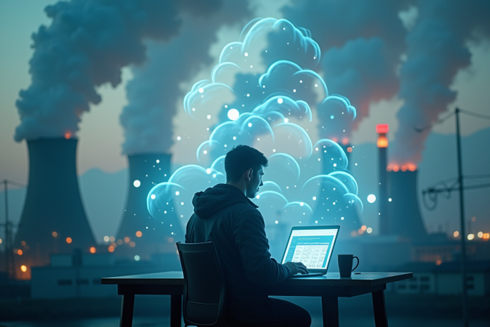 utilisateur-laptop-donnees-environnement Personne utilisant un ordinateur entourée de nuages de données et fumée environnementale