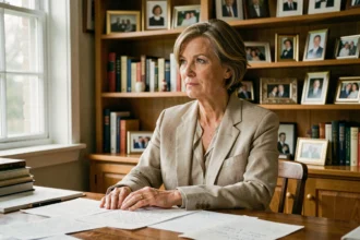 Comédienne française dans la cinquantaine assise à un bureau d'écrivain entouré de scripts, incarnant l'équilibre entre vie privée et carrière artistique