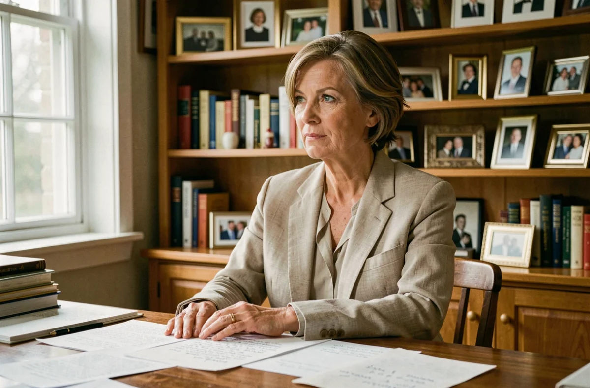 Comédienne française dans la cinquantaine assise à un bureau d'écrivain entouré de scripts, incarnant l'équilibre entre vie privée et carrière artistique