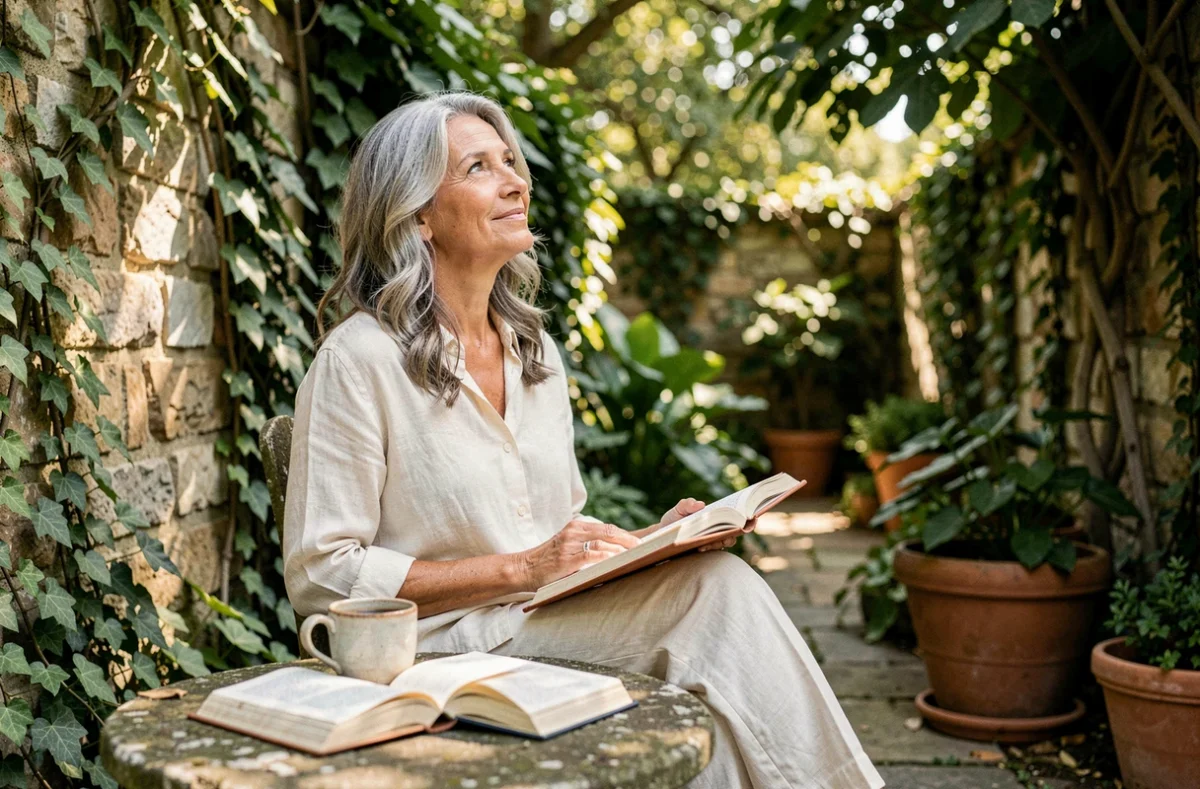 Femme actrice française épanouie lisant dans un jardin paisible avec une tasse de café, symbolisant l'harmonie entre vie privée et accomplissement professionnel