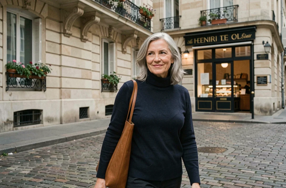 Actrice française mature se promenant dans une rue pavée parisienne avec une expression sereine, illustrant l'équilibre entre vie personnelle et notoriété