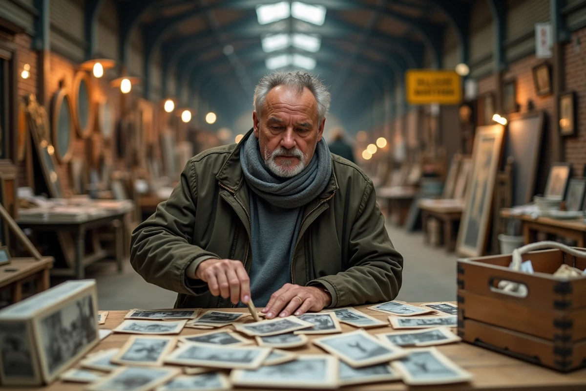 Vendeur triant de vieilles cartes postales dans une halle couverte de brocante dans le Morbihan
