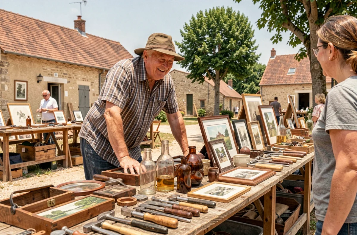 Vendeur discutant avec un acheteur devant un stand de brocante dans un village du Lot-et-Garonne