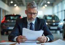 Vendeur de voitures préoccupé examinant des formulaires de feedback