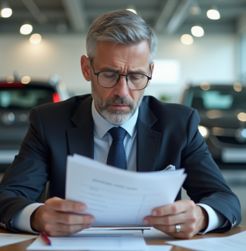 Vendeur de voitures préoccupé examinant des formulaires de feedback