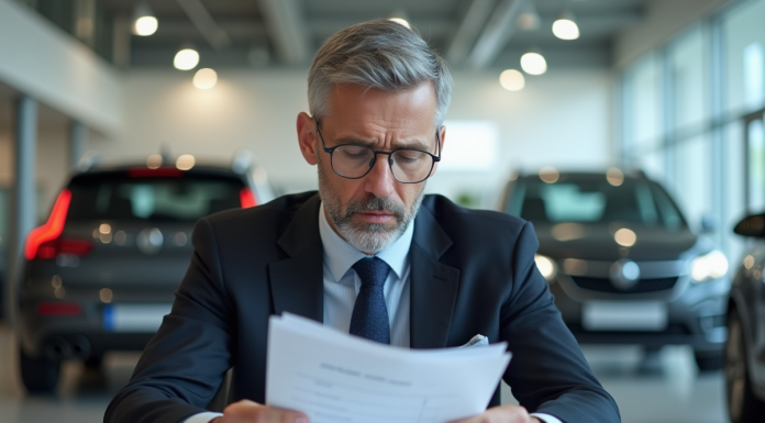 Vendeur de voitures préoccupé examinant des formulaires de feedback