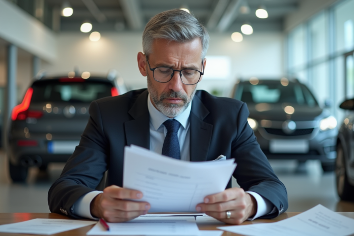 vendeur-voitures-concern-feedback Vendeur de voitures préoccupé examinant des formulaires de feedback