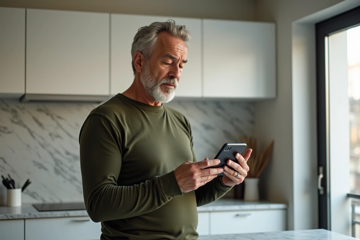 Homme vérifiant l'accès à un espace membre sur smartphone dans un appartement en France