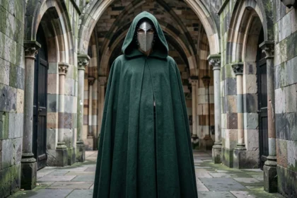 Cosplayeur incarnant Victor Von Doom en armure métallique et cape verte dans un couloir gothique, illustration pour l'article sur le personnage dans le MCU en 2026