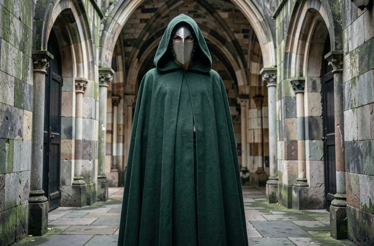 Cosplayeur incarnant Victor Von Doom en armure métallique et cape verte dans un couloir gothique, illustration pour l'article sur le personnage dans le MCU en 2026