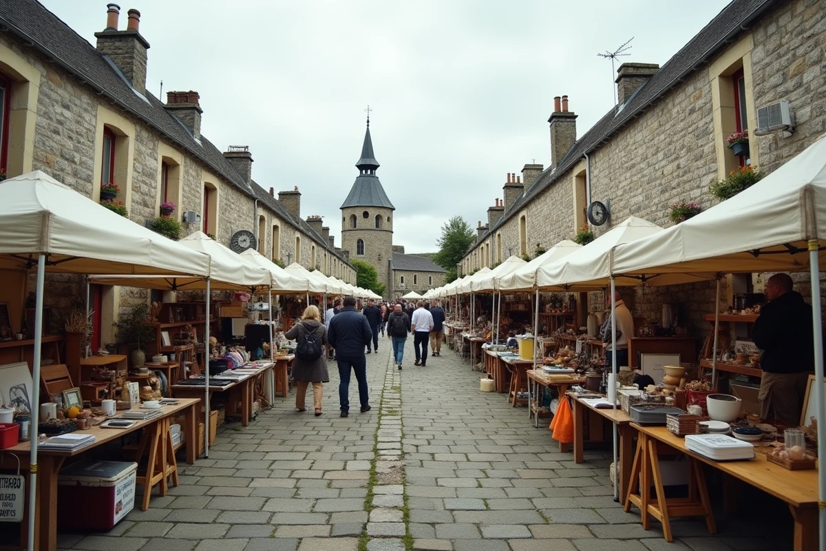 Vue panoramique d'un marché troc et puces animé dans un village breton du Morbihan un week-end