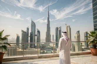 Homme d'affaires émirati contemplant le skyline de Dubaï depuis une terrasse de luxe, avec la Burj Khalifa en arrière-plan symbolisant la vision de Sheikh Mohammed