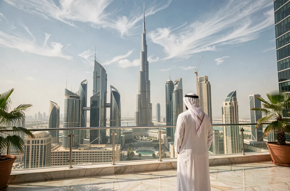 Homme d'affaires émirati contemplant le skyline de Dubaï depuis une terrasse de luxe, avec la Burj Khalifa en arrière-plan symbolisant la vision de Sheikh Mohammed