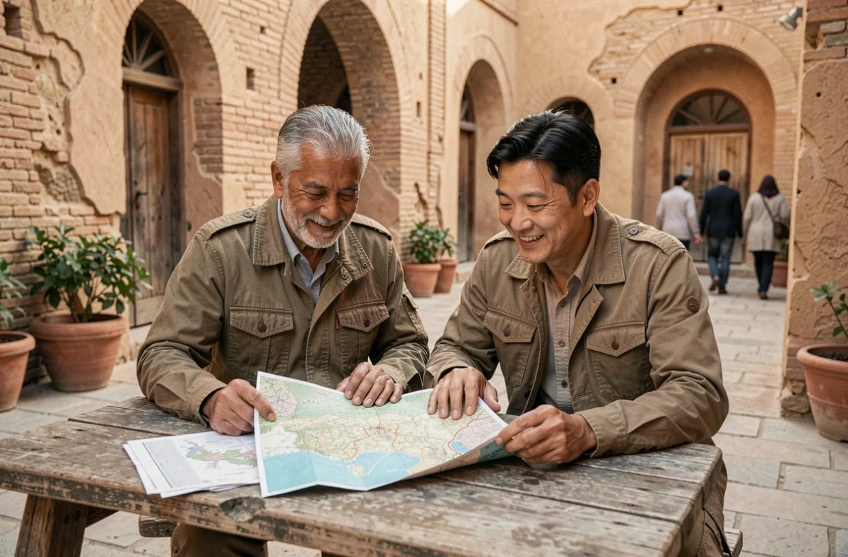 Deux voyageurs consultant une carte ancienne dans la cour d'un caravansérail historique sur la Route de la Soie, entre Proche-Orient et Asie centrale