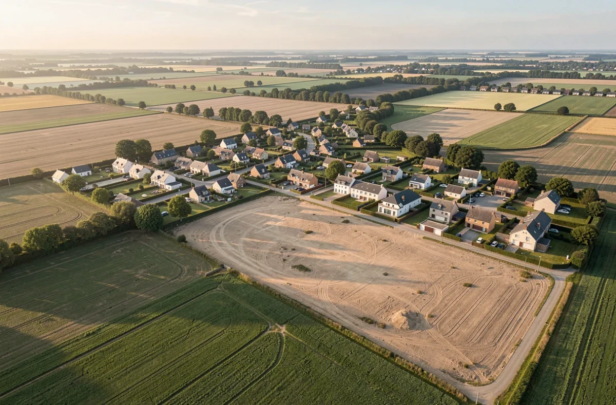 Vue aérienne d'une commune où des terres agricoles bordent un terrain à aménager